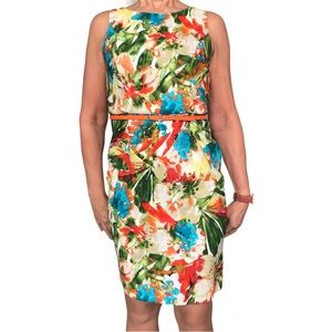Jones & Co. Sleeveless Dress in multi colored splash print with belt size 6